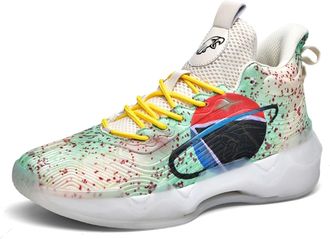 Generic Unisex Basketball Shoes with High Top Breathable Anti Slip Cushioning Fashionable Graffiti Sports Boots Walking Shoes(Green Black red,5.5 UK)