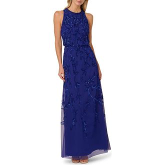 Adrianna Papell Beaded Blouson Cocktail Maxi Dress in Dark Blue Violet at Nordstrom, Size 6