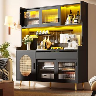 Merax Large Kitchen Pantry Cabinet with Coffee Station, LED Light & Pegboard in Black
