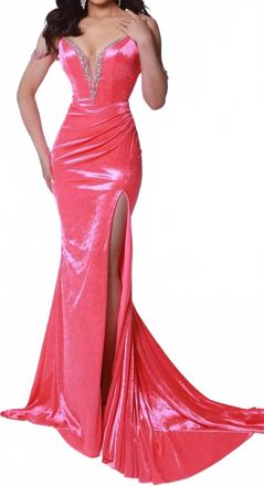 Johnathan Kayne Cold Shoulder Velvet Prom Gown In Neon Pink