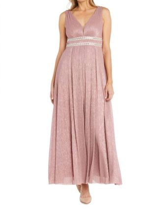 R & M Richards Long Metallic Gown In Rose
