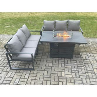 Fimous Aluminium 6 Seater Outdoor Garden Furniture Lounge Sofa Set Gas Fire Pit Dining Table Sets Dark Grey - Fimous