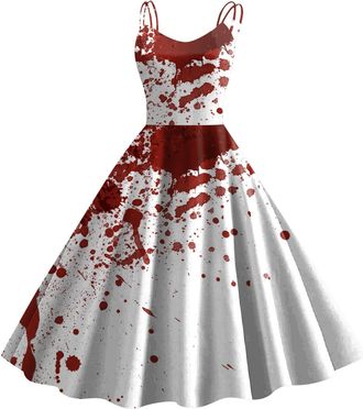 Generic Zuoyue Halloween Dress for Women Halloween Bloody Print Casual Party Round Neck Sexy Sleeveless Dress Evening Party Cocktail Swing Dresses Vintage Ele