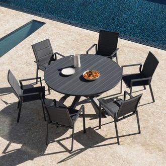 Sklum Set De Mesa Extensible Redonda 145-200x145 Cm Barces Y 6 Sillas De Jard&iacute;n Apilables Con Reposabrazos En Aluminio Karena Sklum