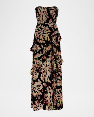 Milly Raelynn Burnout Velvet Ruffle Maxi Dress
