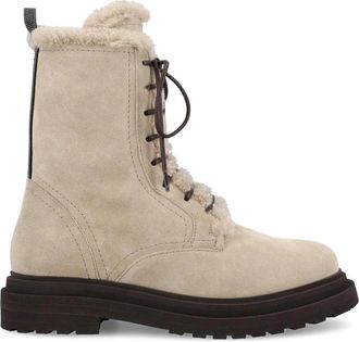 Brunello Cucinelli Suede Enkellaars met Veters - Dames - Veterlaarzen - Beige - 40 1/2 EU - Leer - Schoenen
