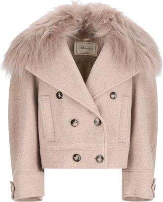 Blumarine Abrigo de doble botonadura con cuello de pelo sint&eacute;tico - Coats - Mujer - Beige - S