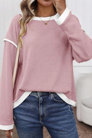 Azura Exchange Womens Contrast Trim Long Sleeve Knit - Pink - Size Large