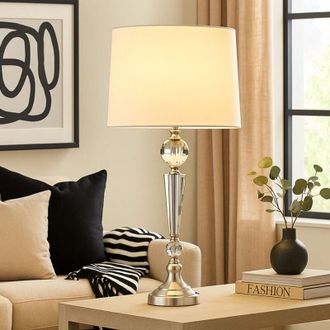 Globo Lighting Lampada da tavolo lampada da tavolo cristalli lampada laterale lampada da sala da pranzo paralume tessile bianco, metallo nichel, 1x attacco E27, DxH