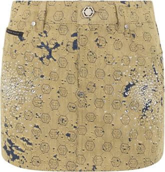 Philipp Plein Jacquard Mini Rok Monogram Crystal - Dames - Spijkerrokken - Beige - M - Katoen - Rokken