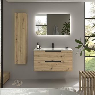 Cygnus Bath Mueble De Ba&ntilde;o Leni 100cm Roble 2 Cajones Lavabo 1 Poza Porcelana