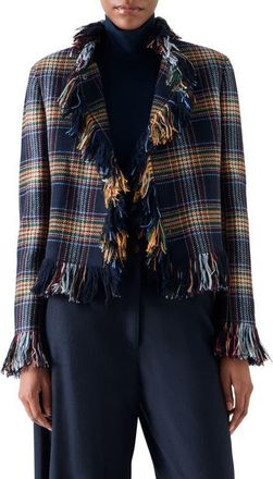 Akris Plaid Tweed Jacket with Fringe in Navy at Nordstrom, Size 14