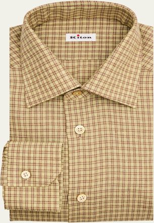 Kiton Mens Linen-Blend Plaid Button-Down Shirt