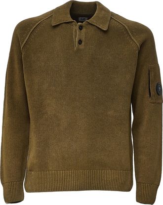 C.P. Company Chenille Cotton Polo Sweater With Ribbed Texture And Pocket Detail