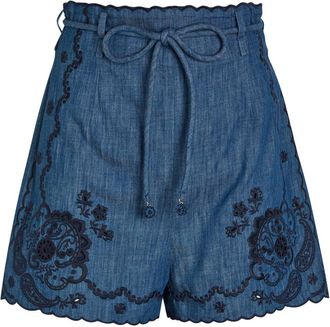 Zimmermann Aster Embroidered Belted Denim Shorts - Blue - 4 (UK 16 / XL)