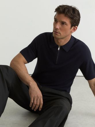 Reiss Navy Textured-knit Half-zip Polo Shirt, Xxl