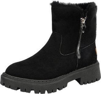 Generic Winter Boots for Women UK Suede Plush Lined Combat Boot Waterproof Casual Mid Calf Snow Boot Side Zipper Pull on Non-Slip Round Toe Walking Boots(Blac
