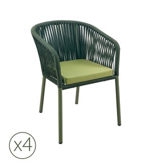 Kerama Pack de 4 sillas de jardin de aluminio verde y cuerda con coj&iacute;n