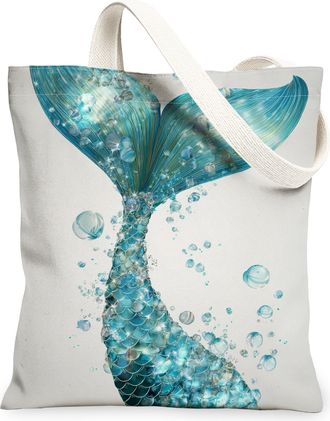 Generic Mermaid Tail Canvas Tote Bags, Ocean Waves Design Reusable Grocery Bags, Summer Lightweight Washable Shoulder Strap Canvas, Blue, 13x15 Inch