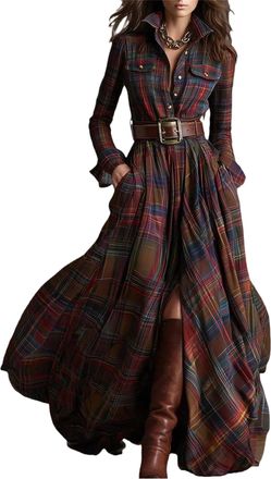 Generic Womens Long Sleeve Button Front Plaid Maxi Dress, Retro Western Cowboy Style, V-Neck Button-Down Maxi with Pockets (Red,L)