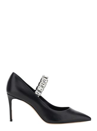 Casadei Black Pumps With Crystal Embellished Strap And High Stiletto Heel In Leather Woman