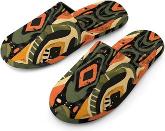 Generic African Natural Plant Leaves Warm Mens Slippers Slip On Soft Fleece House Shoes Winter Indoor Outdoor