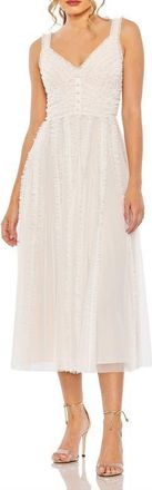 Mac Duggal Tulle V-Neck Dress with Cascading Ruffles and Sleek Silhouette in Oyster at Nordstrom, Size 12