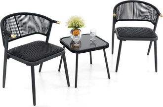 Costway Conjunto Jardin Exterior de Ratán de 3 Piezas, 2 Sillas Acolchadas de Espuma, 1 Mesa de Vidrio Templado, Conjunto Mesa y Sillas Jardin Terraza