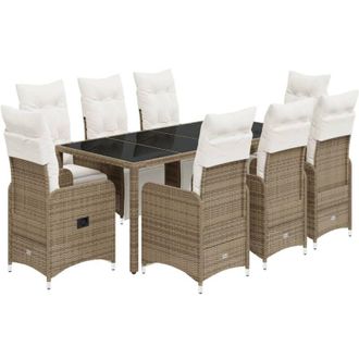vidaXL Set De Mesa Y Sillas Jard&iacute;n 9 Piezas Y Cojines Rat&aacute;n Pe Marr&oacute;n Vidaxl