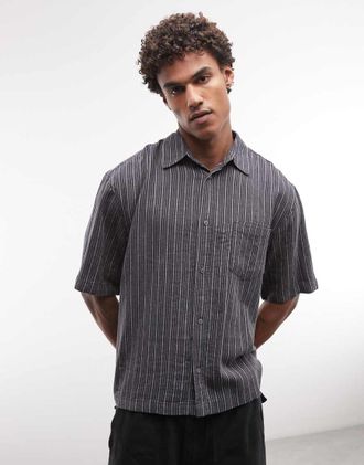Weekday Franco - Camicia a maniche corte in misto lino grigio scuro a righe