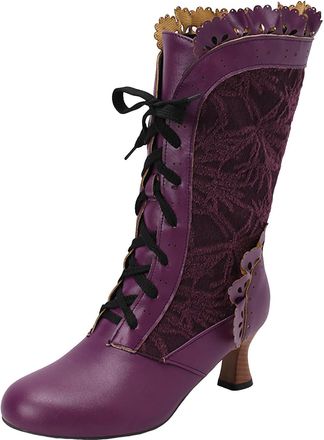 Generic Victorian Boots for Women Lace Up Renaissance Sweet Bow Goth Vintage Ruffles Costume Mid Heels Granny Boots Bow Ruffles Goth Witch Mid Calf 70s Low He