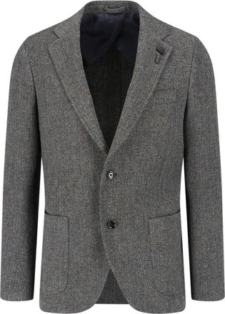 Lardini Grey Wool-Blend Herringbone Single Breasted Blazer