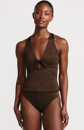 Lands End Shine Ribbed Tankini Top and High Waisted Bottom Swimsuit Set in Chocolate Brown Shine at Nordstrom, Size X-Large
