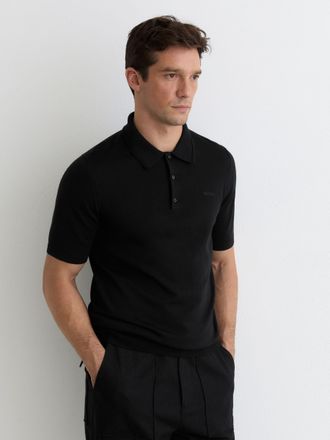 Reiss Black Merino Wool Logo Polo Shirt, Xxl
