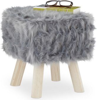 Relaxdays Relaxdays Stool Faux Fur, Decorative Wooden Legs, Side Chair, Seat for Dressing Table, Footrest, HWD: 37x32x32 cm, Grey
