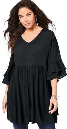 Roaman's Hand Crinkled Flutter Sleeve Tunic in Black at Nordstrom, Size 14