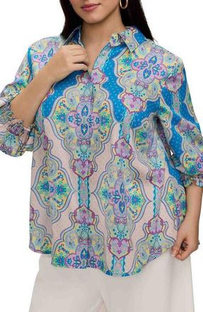 Foxcroft Olivia Paisley Smocked Cuff Cotton Button-Up Shirt in Purple/Multi at Nordstrom, Size 2 X