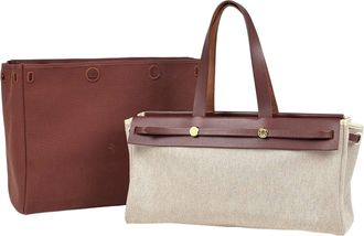 Herm&egrave;s Brown Natural Toile H Leather Shoulder Bag Tote Bag (Pre-Owned)