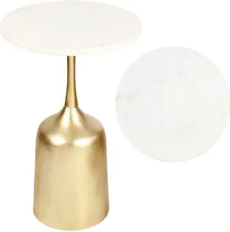 Jonathan Y Designs Pip 20.25 Classic Designer Metal Drink Table and Decorative End Table with White Marble Round Top and Bell Pedestal Base in Antique Gold
