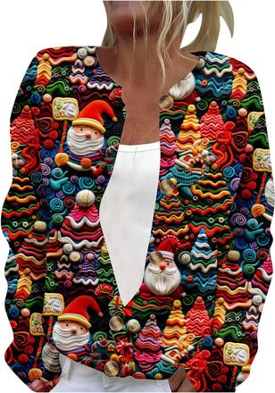 Generic Christmas Cozy Cardigans for Women UK Print Long Sleeve V-Neck Sweaters Chunky Button Down Cablle Knit Cardigan Loose Funny Graphic Sweater V-Neck Car