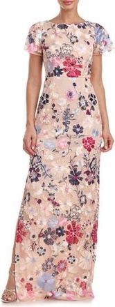 JS Collections Magnolia Floral Embroidery Gown in Rose Gold Multi at Nordstrom Rack, Size 12