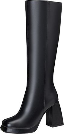 Generic Women Knee High Metallic PU Leather Square Toe Fashion Boots Block Heels Side Zip Glossy Solid Color Comfortable Durable,Black,7.5 UK