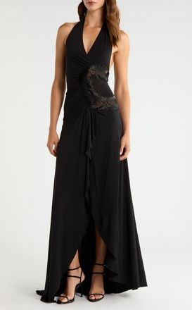 House of CB Natalina Beaded Cutout Halter Jersey Gown in Black at Nordstrom, Size X-Large