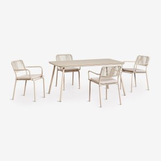 Sklum Set De Mesa Rectangular 160x90 Cm Y 4 Sillas De Comedor Apilables En Cuerda Trenzada Arhiza Sklum