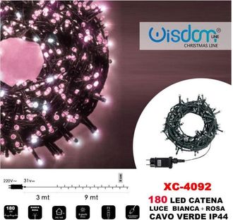 Trade Shop Trade Shop - Catena Luminosa 180 Luci Led Luci Lights Bianca + Rosa Cavo Verde Ip44 Xc-4092