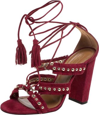 Aquazzura Burgundy Suede Leather Tulum Fringe Detail Studded Ankle Wrap Sandals