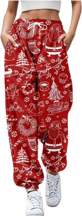 Generic Christmas Joggers for Women UK Funny Graphic Print Holiday Sweatpants High Waist Baggy Trousers Oversized Xmas Drawstring Jogging Pants Ladies Gym Wal