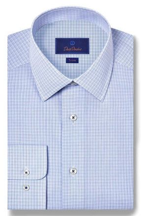 David Donahue Trim Fit Microcheck Cotton Poplin Dress Shirt in Blue/Navy at Nordstrom, Size 16.5 - 34