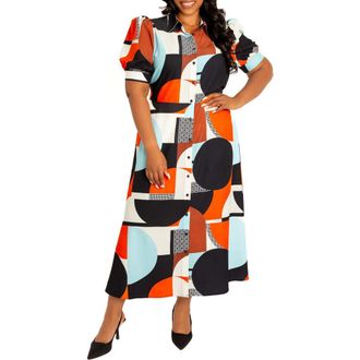 Buxom Couture Geometric Print Puff Sleeve Shirtdress in Multi at Nordstrom, Size 1X