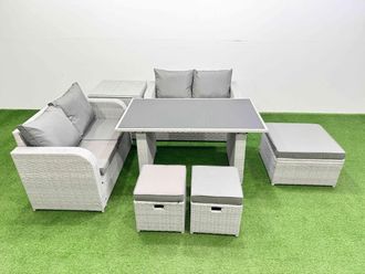 Fimous 7 Pieces Outdoor PE Rattan Sofa Set with Cushions Side Table 3 Stools in Light Grey
